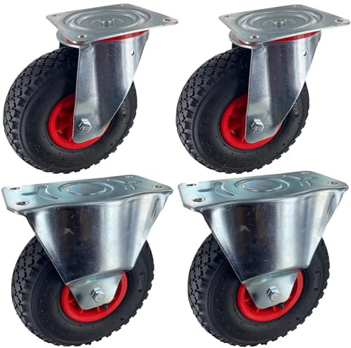 Rollentechnik Satz 2x Lenkrolle & 2x Bockrolle Luftrad, Ø260x85mm, Stahl, gepresst, schwarz, 450 KG Tragfähigkeit