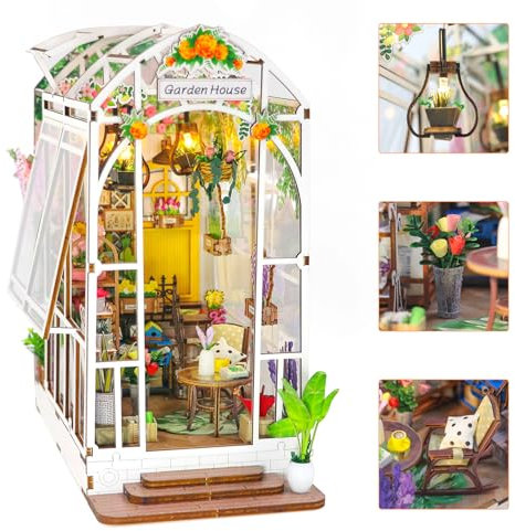 HIGSPE Book Nook DIY Kit, Maquette Maison Miniature avec Meubles et Lumière LED, Puzzle 3D Maison de Poupées en Bois, Jardin Serre-Livres d'art, Modèle de Construire pour Adultes Enfant