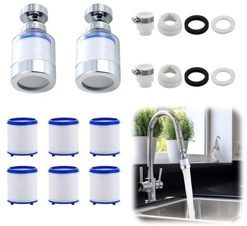 2 Pièces Filtre Eau Robinet Filtre Robinet Cuisine Purificateur Universel Filtre avec 6 éléments Filtrants en Coton PP,TêTe Filtre Eau Robinet Cuisine évier pour évier,Cuisine,Salle de Bain