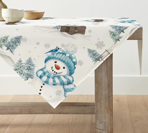 Artoid Mode Blau Schneemann Bäume Weihnachten Tischdecke, Tischwäsche Winter Xmas Küche Tisch Dekoration Drinnen Urlaub Party Dekor 100x100 cm