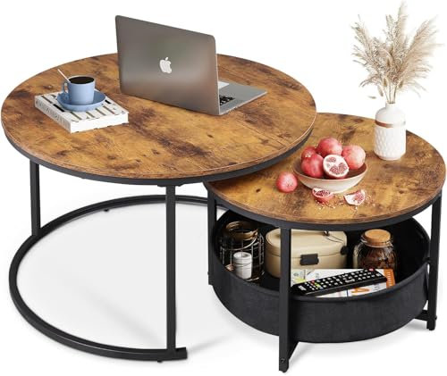 WLIVE Round Coffee Table Set of 2, 80X80X48cm Nesting Tables with Ample Storage, Wooden Wide Side Table with Sturdy Metal Frame for Living Room or Office, Rustic Brown