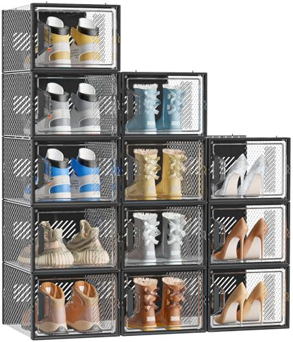 SIMPDIY Shoe Storage Box,12 pcs Shoe Box Clear Plastic Stackable, Shoe Organizer Containers with Lids for Women/Men,Fit UK 12,Black