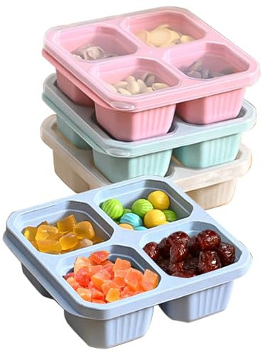 BRITECO 4 Pack Reusable Snack Boxes, Bento Lunch Boxes with 4 Compartments, Leakproof Snack Containers for Kids and Adults, Divided Food Storage for School, Work, Travel (Pink/Beige/Green/Blue)