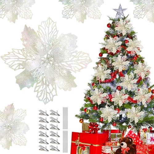 12 Pezzi Fiori per Albero di Natale,Fiori di Natale Bianco Argento,Fiori di Natale Poinsettia,Decorazioni Natalizie per Albero,Decorazioni Matrimonio Ornamenti di Capodanno con 12 Pezzi Clip E Stelo