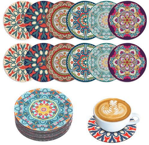 OAKENCREST Lot de 12 Dessous de Verre, Motif Mandala de 10cm, Dessous de Verre en Caoutchouc Réutilisables, Antidérapants et Résistants à la Chaleur, pour Cuisine Salon Bureau Table (Coloré I)