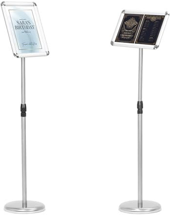 QWORK® A4 Porte-Affiche en Aluminium - Pied Présentoir Publicitaire Rotatif à 360° - Coin Sûr - Hauteur Réglable 75~120cm(Argent, A4)