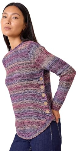 Roman Women Ribbed Jumper for Women UK Ladies Curved Hem Sweater Stitch Detail Pullover Chunky Knitwear Knit Winter Autumn Textured Oversized Soft Cosy Comfy - Stripe Wine - Size 14