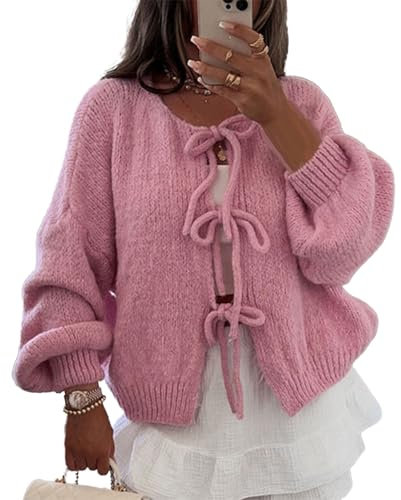 Yassiglia Y2k Cardigan court pour femme - Nœud avant - Cardigan léger et chaud - Cardigan élégant pour femmes et adolescentes, Rose, M