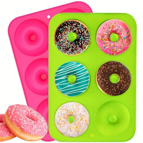 trabag 2 stampi per ciambelle in silicone con 6 scomparti, resistenti al calore, per torte e biscotti (verde e rosa)