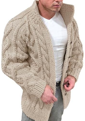 Mens Knitted Jumper Thick Warm Knitted Sweater Jacket Cable Knit Cardigan Chunky Stand Collor Button Down Knitwear Autumn Winter Casual Warm Sweater Coat Thermal Solid Color Outerwear