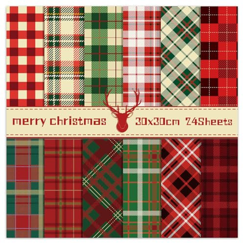 24 Blatt Weihnachtsmuster-Papier, kariert, Sammelalbum, spezieller doppelseitiger Druck, gefaltet, flach, dekoratives Bastelpapier für Kartenherstellung, Junk-Tagebuch, Scrapbooking-Zubehör