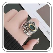 Aneneiceera Vintage Feder Kristall Auge Ring Silber Feder Band Ringe Grün Cz Auge Finger Ringe Breite Auge Feder Ringe Einstellbar Engel Flügel Ring Schmuck Für Frauen (grün)