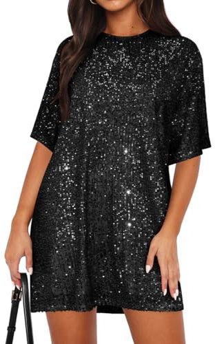 EUDOLAH Women's Sparkly Backless V-Neck Shirt Dress Sexy Half Sleeve Loose Party Club Cocktail Dress (L,Black)