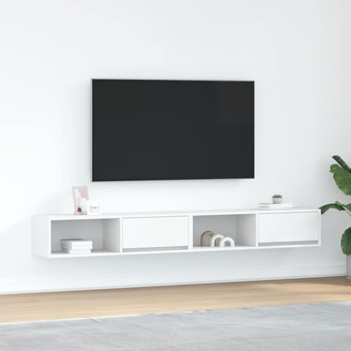Canditree 2 pcs Ensemble Meubles TV Suspendu avec Tiroirs, 200cm Meuble TV | Meuble TV Mural avec Rangement, étagère TV Flottante pour Salon, Blanc
