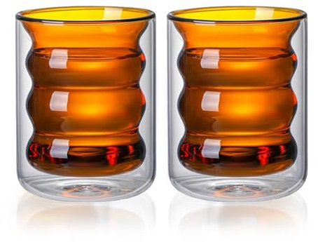 AXB Double Walled Glass Coffee Mugs 2 Pack 200ml, Clear Heat Resistant Coffee Cups, Espresso Cups, Ripple Drinking Glasses, Coffee Mug for Latte & Tea (Blue) (Yellow)