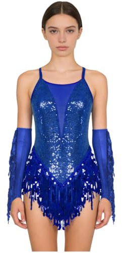 inlzdz Damen Glitzer Pailletten Tanzkostüm Latein Tanz Trikotkleid Tanzanzug Body Handschuhe mit Quasten Fransen Swing Performance Bühne Kostüm