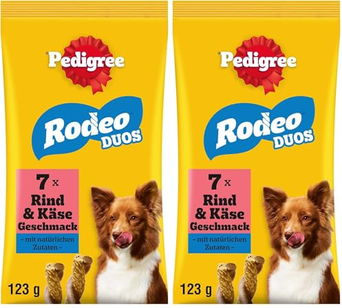 Pedigree Rodeo Snacks - Rind & Käse Leckerli für Hunde, 125g (70 Stück) mit Omega 3 zur Unterstützung des Wohlbefindens (Packung mit 2)