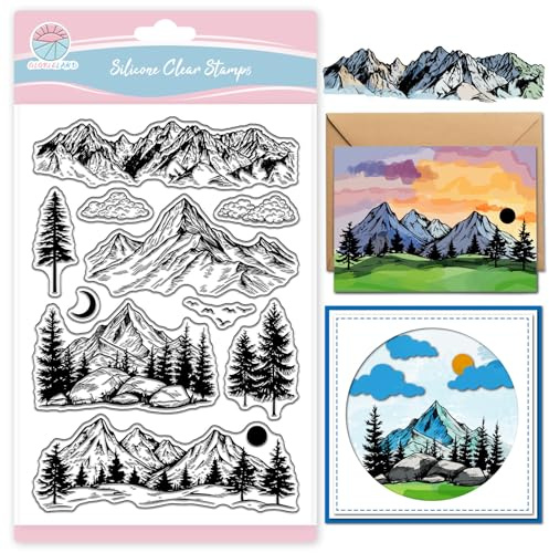 GLOBLELAND Berge Bäume klarer Stempel für Scrapbooking Wolken Sonne Mond Silikonstempel Waldhintergrund transparenter Stempel für Kartengestaltung DIY Prägen Journaling