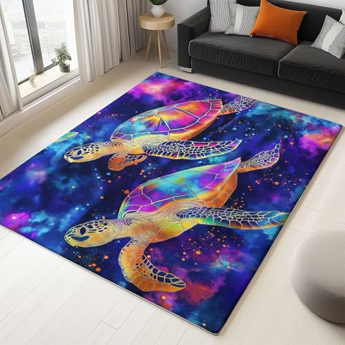 Maschinen Waschbarer Blau Teppich, Fantasie Meerestier Schildkröte Teppich Wohnzimmer - Kurzflor Rutschfest Haustierfreundlicher Teppiche 80 x 150 cm Pflegeleicht für Jugendzimmer Schlafzimmer