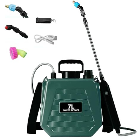 Pulverizador eléctrico de 5 litros alimentado por batería, mango recargable USB, correa para exteriores, 3 boquillas nebulizadoras, pulverizador portátil de jardín con varita retráctil (7L verde)