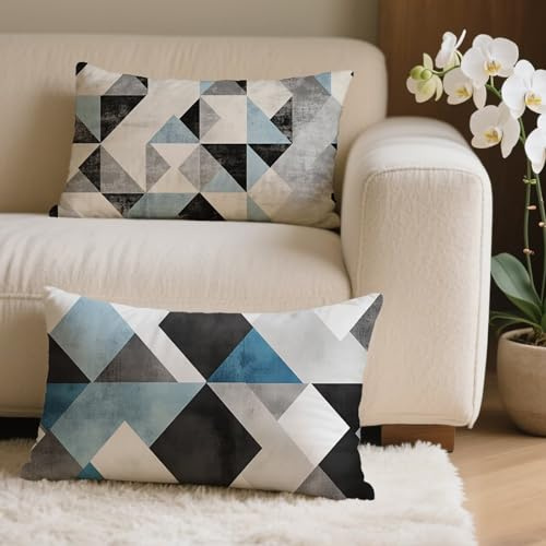 Outdoor Kissen 25x45 cm 2 Stück, Grau Kissenbezug Rechteckig 25x45 Dekorative Kissenhüllen Wetterfest Sofakissen, Geometrie Kissenbezüge Samtkissen Dekokissen für Sofa Garten Deko 2er Set Q-5008