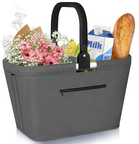 35L Einkaufskorb Faltbar mit 2 Stützstangen, Stabiler Einkaufstasche Familie mit Aluminium Griff wasserabweisendes Picknickkorb Praktischer Tragekorb Groß für Reisen Camping Einkaufen Geschenk - Gray
