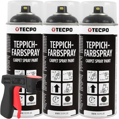 TECPO Lot de 3 sprays de peinture pour tapis - 400 ml - Anthracite - Avec pistolet de pulvérisation - Pour tapis de voiture, tapis de sol, ciel de toit, tissu, caoutchouc, plastique, intérieur