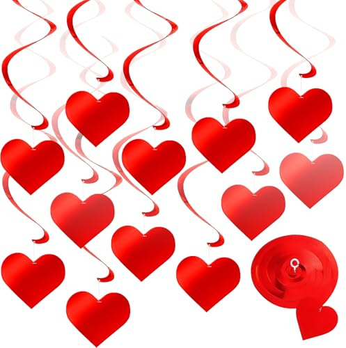 Ovanda Hängende Herz Girlande, 12 Stück Herz Girlande Valentinstag Deko, Rot Valentinstag Glitter Spiral Girlanden mit Herzen für Geburtstag Jubiläum Hochzeit Single Party Muttertag Deko