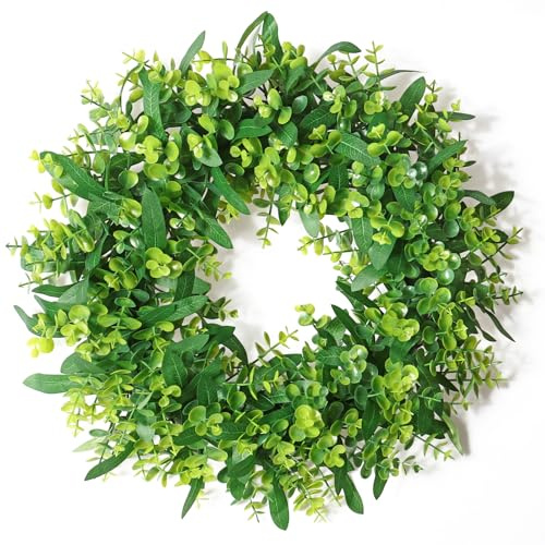 DEMIUKO Corona de eucalipto de 17 pulgadas para puerta delantera, corona verde de primavera, verano, corona artificial para puerta, hojas de sauce falso, decoración de eucalipto para pared del hogar