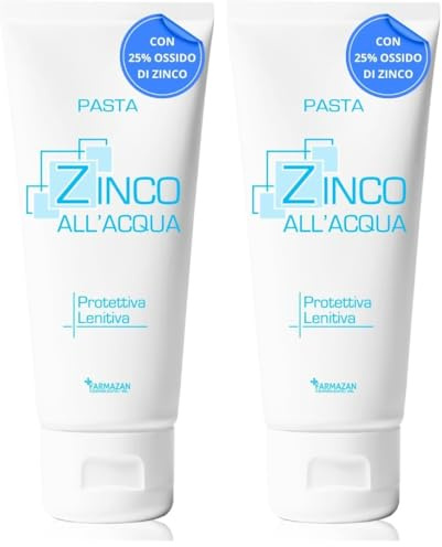 Farmazan Zinco Pasta all'Acqua 100g, Crema Ossido di Zinco al 25% e Talco, per Culetto Neonato, Pasta Cambio Pannolino, Lenitiva Intima, Crema Zinco Vegan Friendly (Confezione da 2)