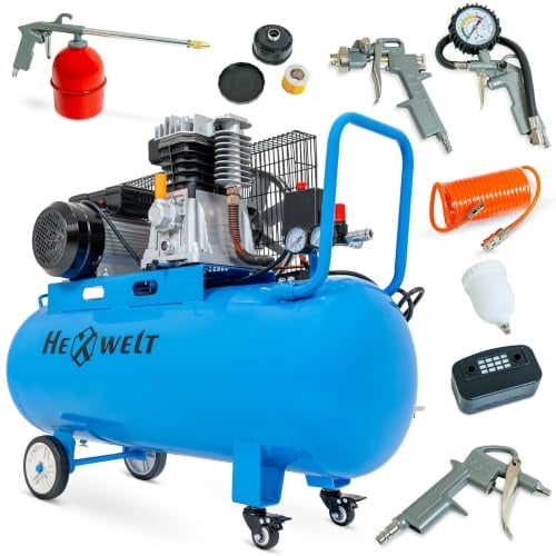 Compressore d'aria 100L 8 Bar 1800W/2200W/3300W, oil-free o ad olio, 1/4, riduttore, 2 uscite, manometro, per officina/garage/pneumatici/verniciatura (1T-100L 5 IN 1 SET)