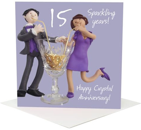 Holy Mackerel fifteen sparkling years crystal 15th wedding anniversary card for a couple - designed by artist Erica Sturla - 15cm square and blank inside for your message - made in the UK