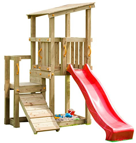 Blue Rabbit 2.0 Spielturm CASCADE mit Rutsche 2,30 m + Kletterrampe Spielhaus Kletterturm Spielplatz Kiefer MASSIVHOLZ imprägniert (Rot)