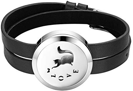 JewelryWe Schmuck Unisex Aroma Öl Diffusor Armband, Edelstahl Love Katze Aromatherapie Locket Medaillon Lederarmband Armreif mit 6 Pads, Schwarz Silber