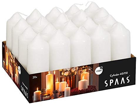Spaas Bandeja de 20 velas de pilar sin perfume de 40/110 mm, 13 horas, color blanco