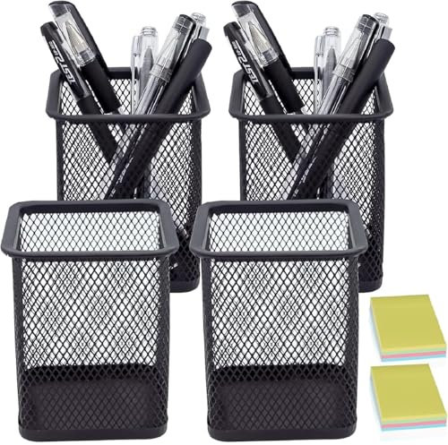 DARUITE Pen Holder, 4PCS Square Metal Mesh Pen Pots for Desk, Multifunctional Pencil Pot, Desk Tidy Organiser for Office Home School, Black