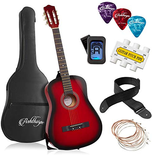 Ashthorpe Paquete de guitarra acústica para principiantes de 38 pulgadas (rojo), kit básico de inicio con bolsa de concierto, cuerdas, correa, afinador, tubo de tono, púas