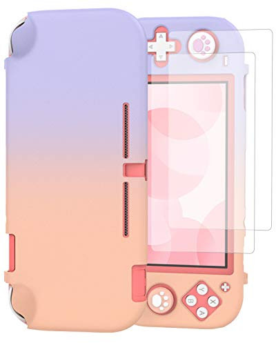 TiMOVO Étui Compatible avec Switch Lite, Coque de Protection PC Antichoc Ensemble d'accessoires avec 2 Protecteur d'Écran en Verre Trempé & 4 Capuchons de Joystick - Rose + Violet