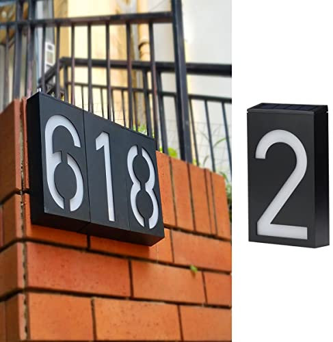 TINYOUTH Numero civico illuminato a energia solare – numero 2, numero civico a energia solare, illuminato per parete, 6 luci LED per numero civico, IP55, impermeabile, per fai da te