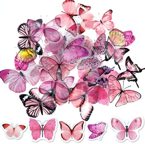 ExceLife Retro Butterfly Stickers Set, Self-Adhesive PET Transparent Waterproof Butterflies Stickers for Scrapbooking, Journal, Album, Phone Case, Laptop, Card Making, 40Pcs (Butterfly Pink)