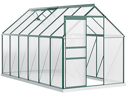 Outsunny Serra da Giardino in Policarbonato 190x375x199cm, con Finestra Apribile e Porta Scorrevole, Struttura in Alluminio, Verde