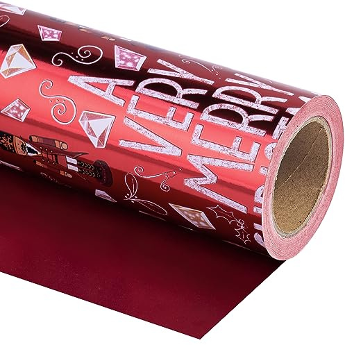 RUSPEPA Wende-Geschenkpapier für Weihnachten – Mini-Rolle – 43,2 cm x 10 m – Retro-Nussknacker und „A Very Merry Christmas“-Schriftzug mit metallischem Folienglanz für Weihnachten, Feiertage