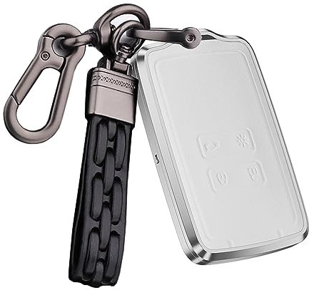 ontto Coque de clé de voiture compatible avec Renault Koleos Captur Megane Clio Scenic Talisman Arkana Dacia Sandero Austral 4 boutons Porte-clés en métal et cuir Blanc