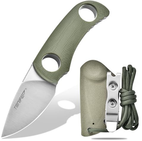 TONIFE Runer Couteau de cou fixe avec fourreau et lanière,4,7cm lame Full Tang Edc Couteau de cou pour l'extérieur (Vert+Satin)