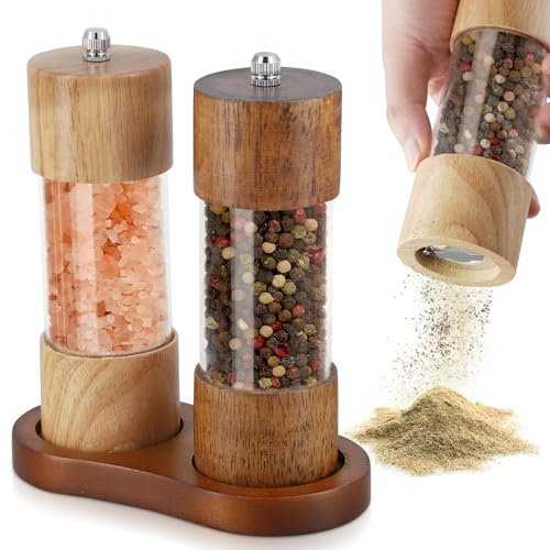 Salz und Pfeffermühle Holz 2er Set mit Untersetzer, Manuell Pfeffermühle Gewürzmühle Holz Salzmühle Verstellbarem Keramikmahlwerk für Gewürze Pfeffer Salz mit Einer Keramikmahlkern, Höhe: 16,5 cm