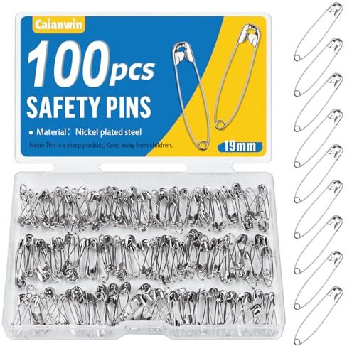 Caianwin 100 Stück Sicherheitsnadeln 19 mm Sicherheitsnadel klein mit Praktischer Box Safety Pins für Befestigen und Nähen von Kleidung und Handarbeiten, Schmuckherstellung