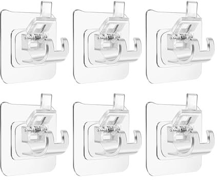 PGKDYC 6 Pcs Self Adhesive Curtain Rod Bracket, No Drill Curtain Hooks, Transparent Finish, Plastic Material, Ideal for Smooth Walls, Maximum Load 5KG