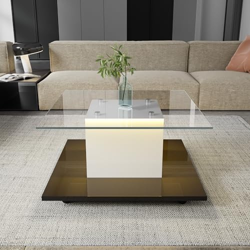 KAZZIO Mesa de centro de cristal brillante con ruedas giratorias