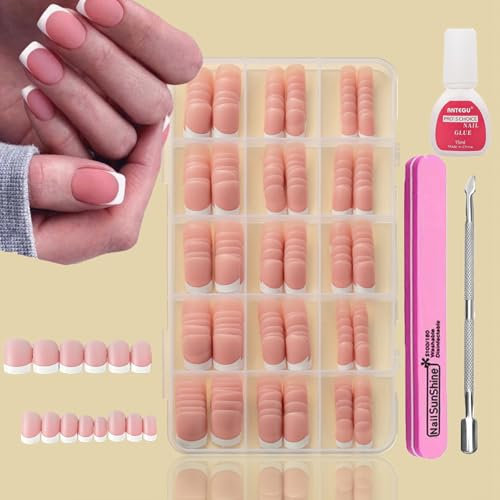 240Pcs French False Nails with Glue- Square Press On Nails Short - Fake Nails White Tip French False Nail Kit - Full Cover Stick on Nails - French Nail Art Manicure Decorations