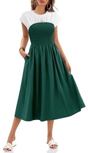 Wenrine Sommerkleid Damen Kurzarm Kleider Lang A-Linie Casual Maxikleid mit Taschen, Grün, XL